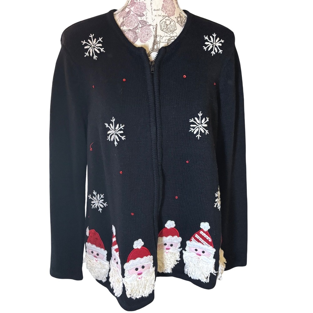 Vintage Christmas Black Santa Knit Sweater Cardigan L Grandmacore‎ Cottagecore